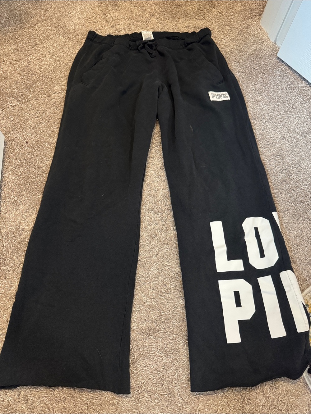 PINK Victoria's Secret womens Black Logo Wide-Leg Sweatpants